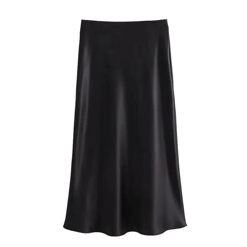 MUJER Women's High Waist Satin Midi Skirt – Elegant Office Bud Skirt