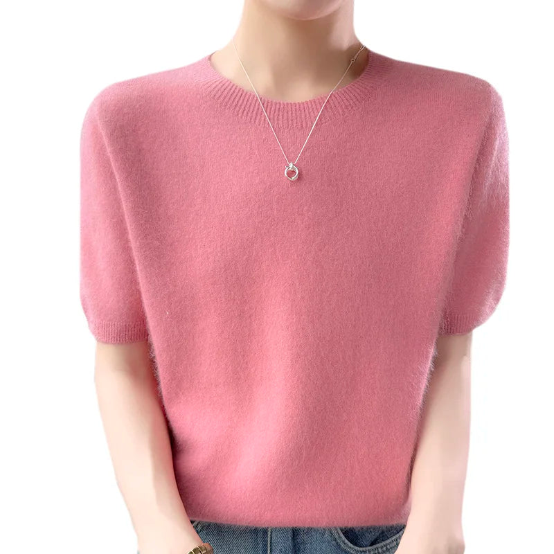 FRSEUCAG Women's 100% Mink Cashmere Short Sleeve Sweater – Elegant O-Neck Knit Pullover