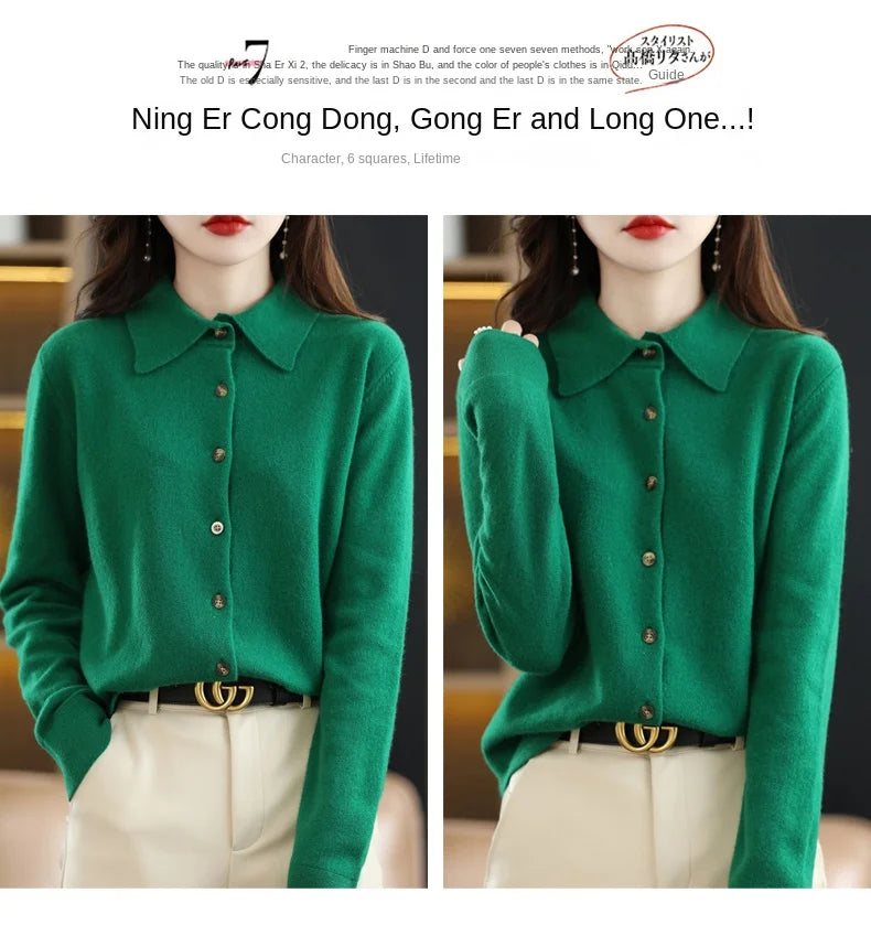 Women's Polo Collar Knitted Cardigan – Elegant Single Breasted Wool Blend Sweater