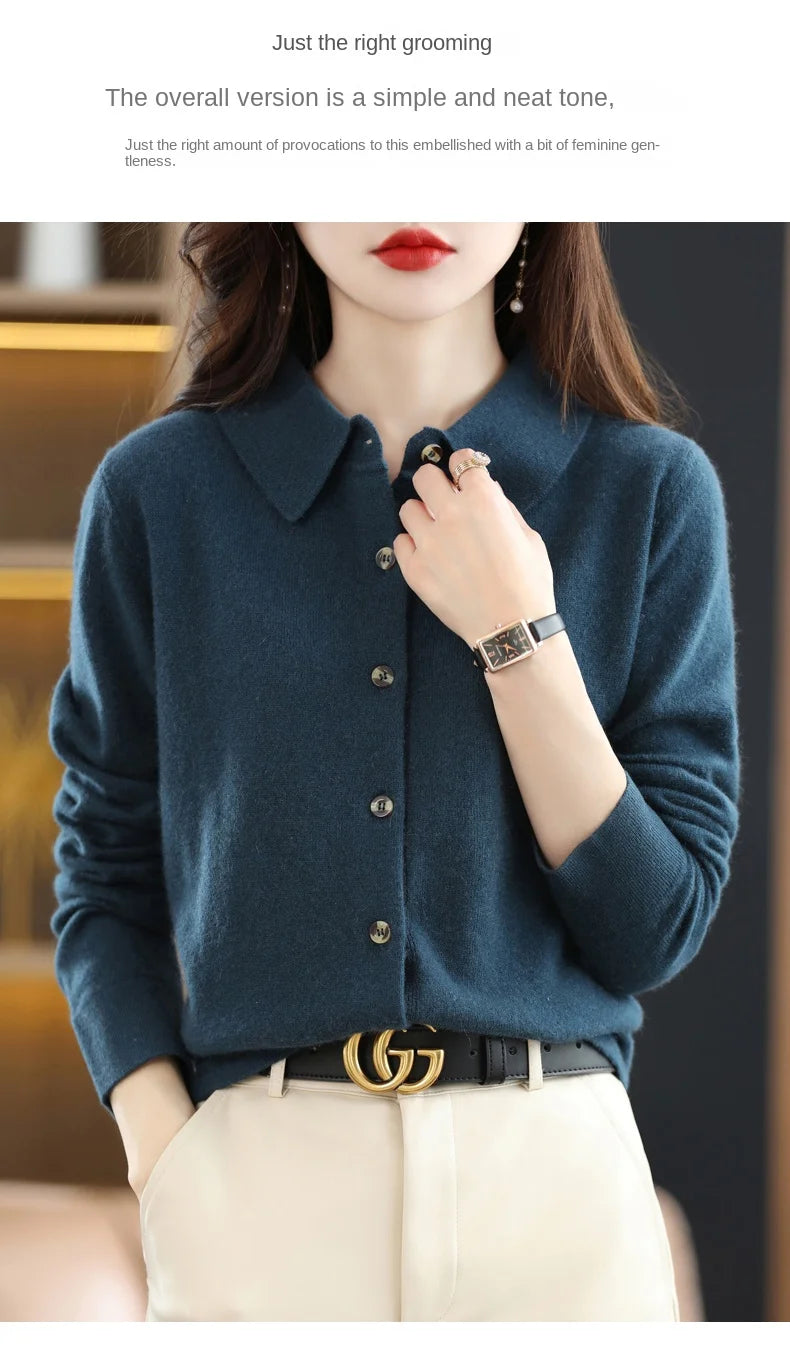 Women's Polo Collar Knitted Cardigan – Elegant Single Breasted Wool Blend Sweater