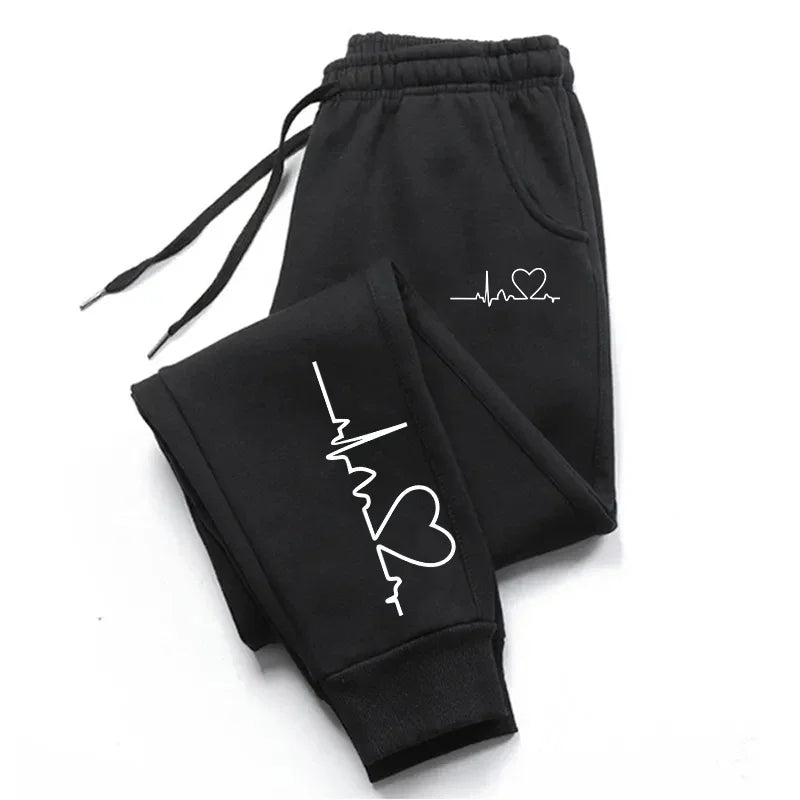 Women's Heart Print Sweatpants – Casual Baggy Lace-Up Jogger Pants with Pockets