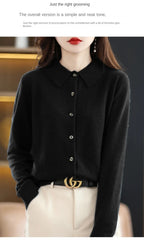 Women's Polo Collar Knitted Cardigan – Elegant Single Breasted Wool Blend Sweater