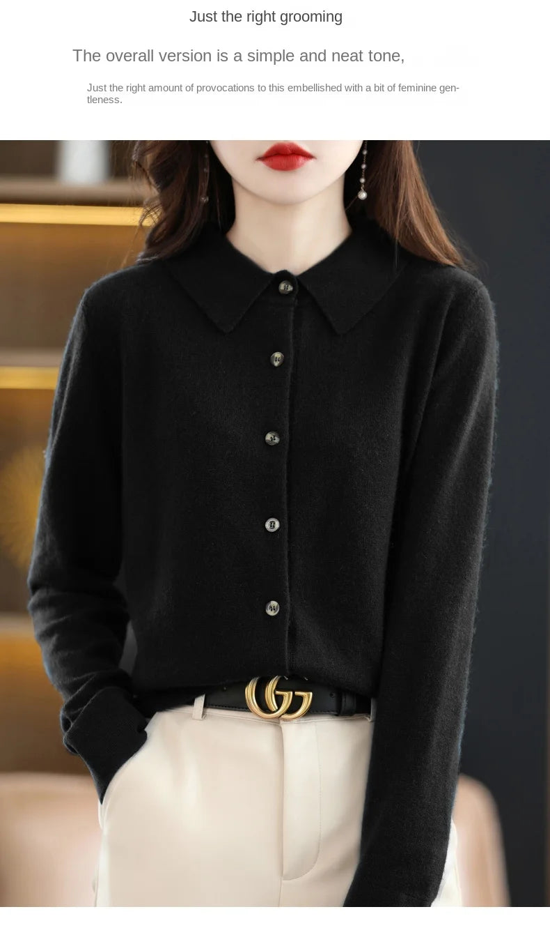 Women's Polo Collar Knitted Cardigan – Elegant Single Breasted Wool Blend Sweater