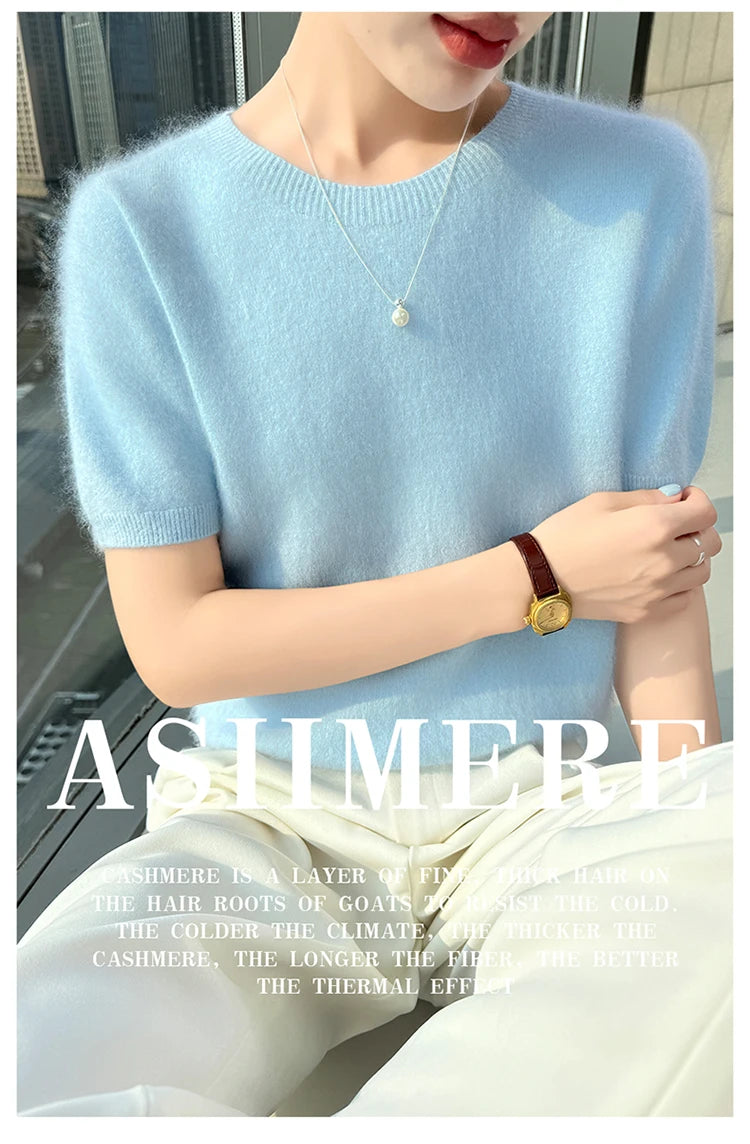FRSEUCAG Women's 100% Mink Cashmere Short Sleeve Sweater – Elegant O-Neck Knit Pullover