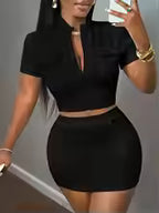 Women's Casual Zipper Top & Mini Skirt Two-Piece Set