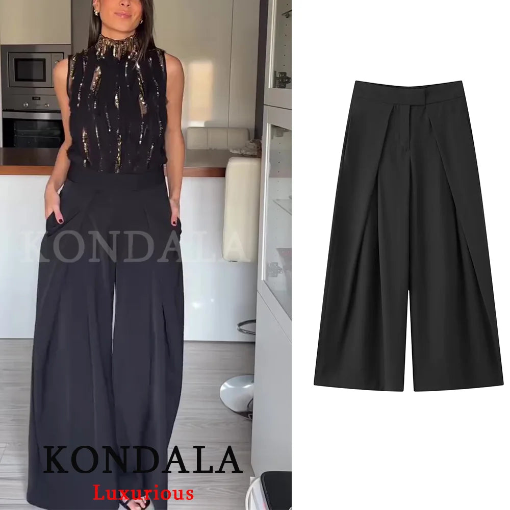 KONDALA Wide Leg Pants for Women – High Waist Pleated Trousers with Pockets
