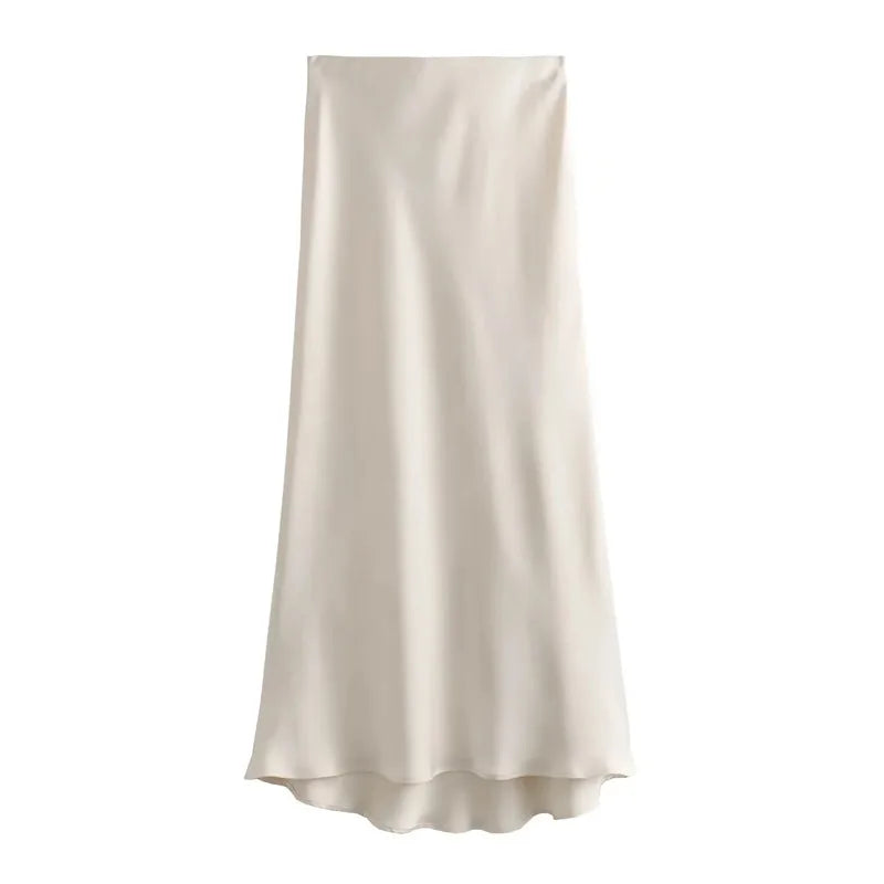 MUJER Women's High Waist Satin Midi Skirt – Elegant Office Bud Skirt