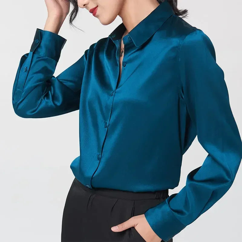 SFELIKY Women's 19mm Mulberry Silk Blouse – Long Sleeve V-Neck Satin Shirt