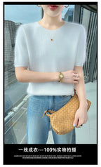 FRSEUCAG Women's 100% Mink Cashmere Short Sleeve Sweater – Elegant O-Neck Knit Pullover