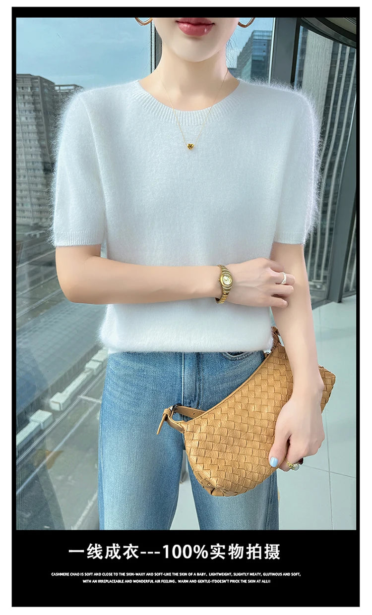 FRSEUCAG Women's 100% Mink Cashmere Short Sleeve Sweater – Elegant O-Neck Knit Pullover