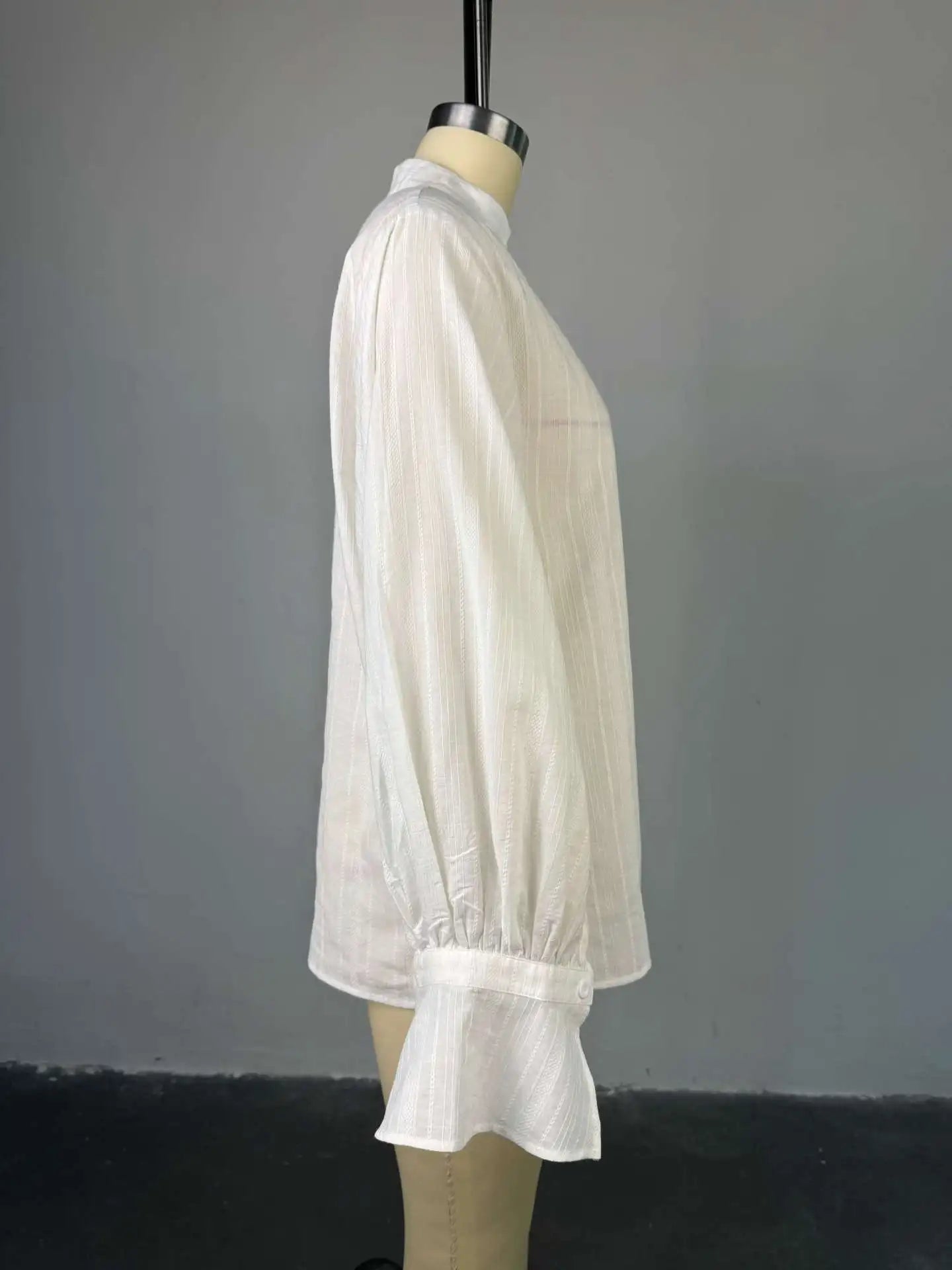 Jadoutin Women's Oversized Cotton Blouse – Puff Sleeve Stand Collar Casual Shirt