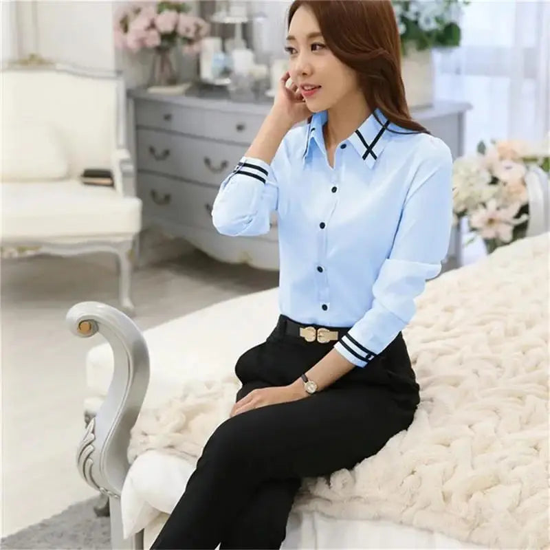 Women's Korean Style Long Sleeve Blouse – Slim Fit Turn-Down Collar Office Shirt