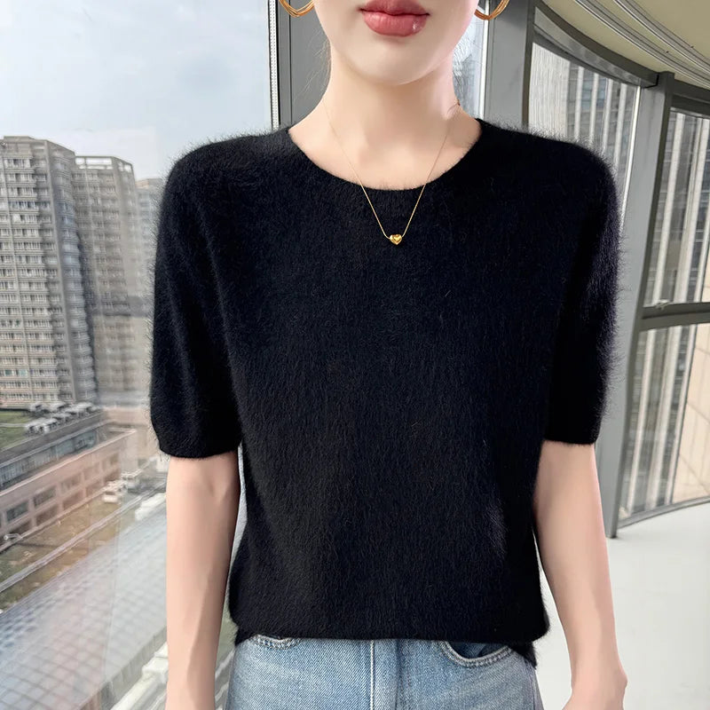 FRSEUCAG Women's 100% Mink Cashmere Short Sleeve Sweater – Elegant O-Neck Knit Pullover