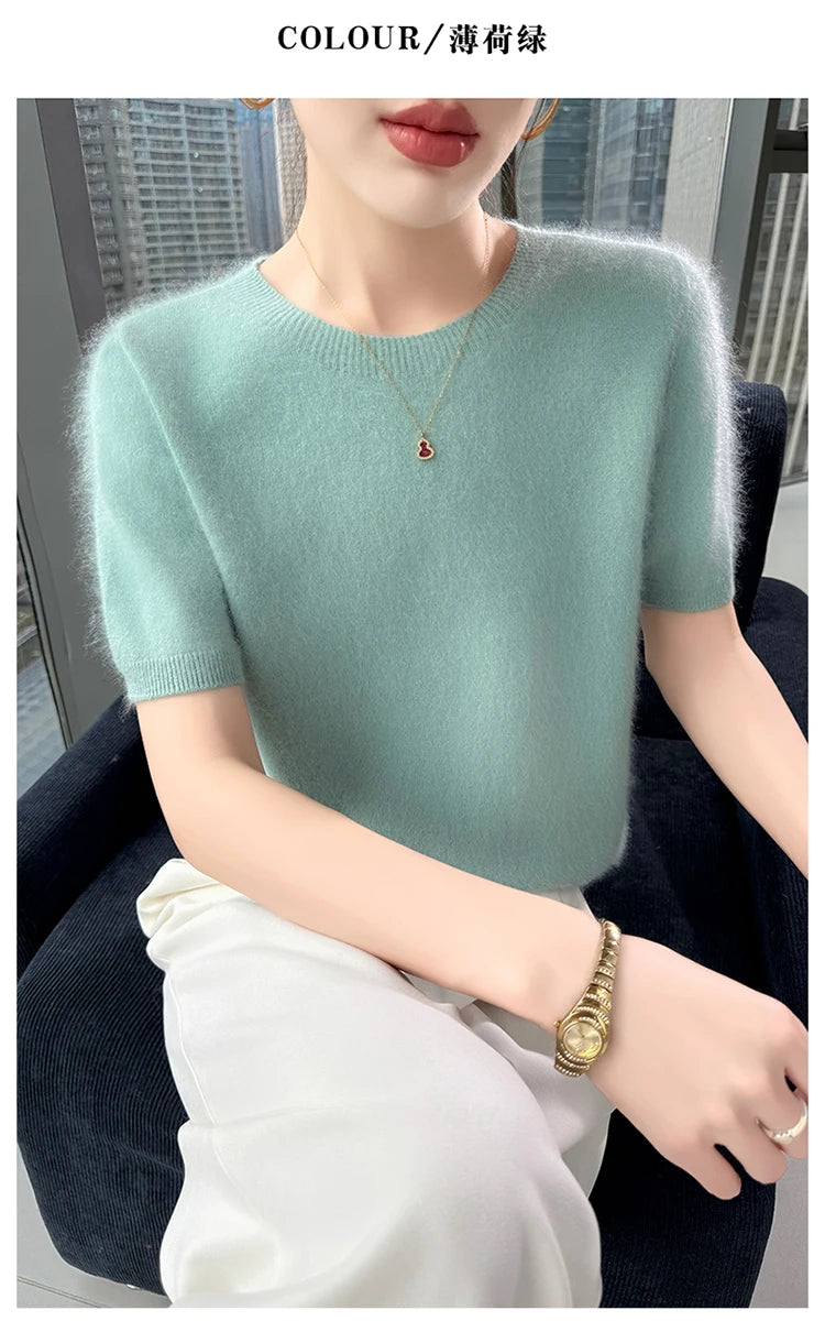 FRSEUCAG Women's 100% Mink Cashmere Short Sleeve Sweater – Elegant O-Neck Knit Pullover
