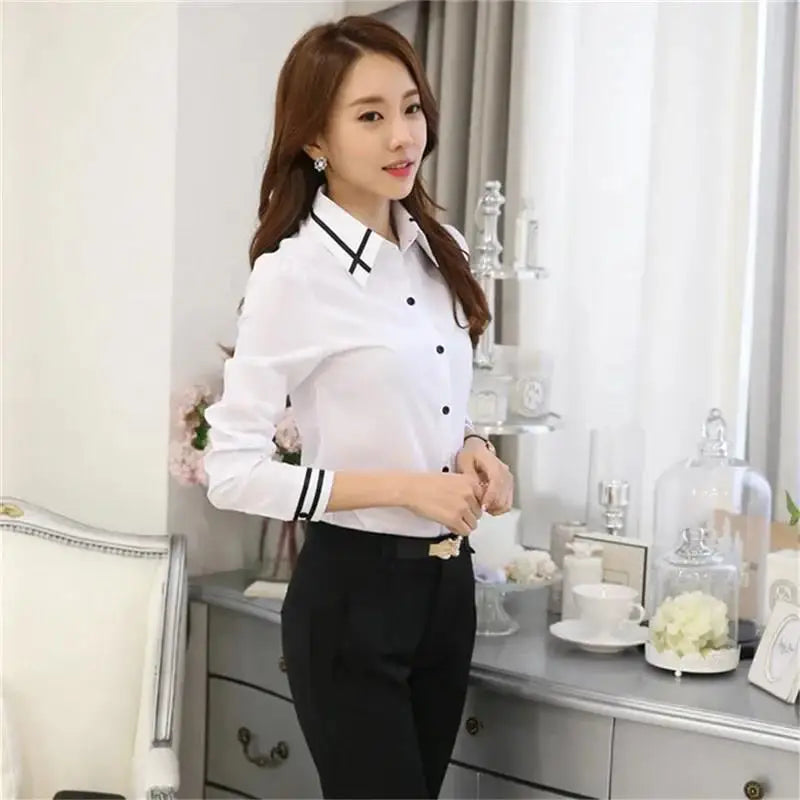 Women's Korean Style Long Sleeve Blouse – Slim Fit Turn-Down Collar Office Shirt
