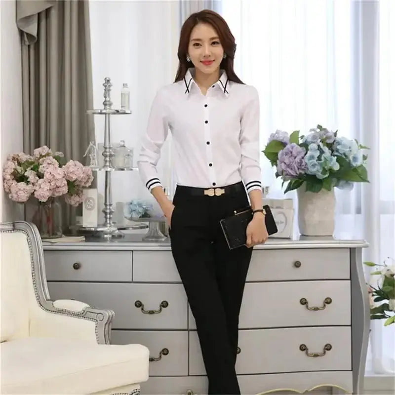 Women's Korean Style Long Sleeve Blouse – Slim Fit Turn-Down Collar Office Shirt