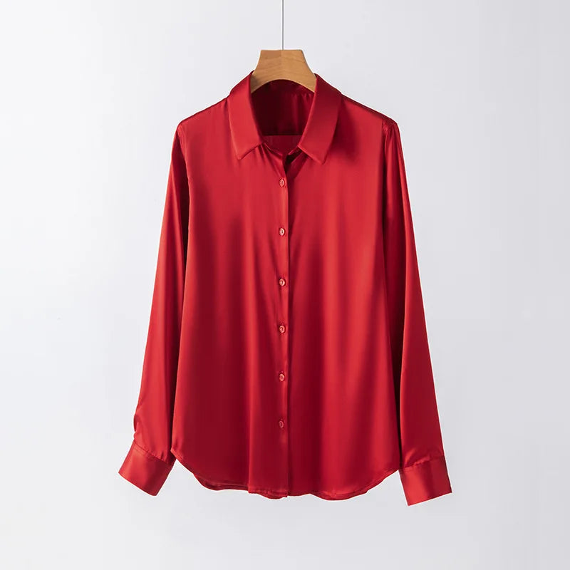 SFELIKY Women's 19mm Mulberry Silk Blouse – Long Sleeve V-Neck Satin Shirt