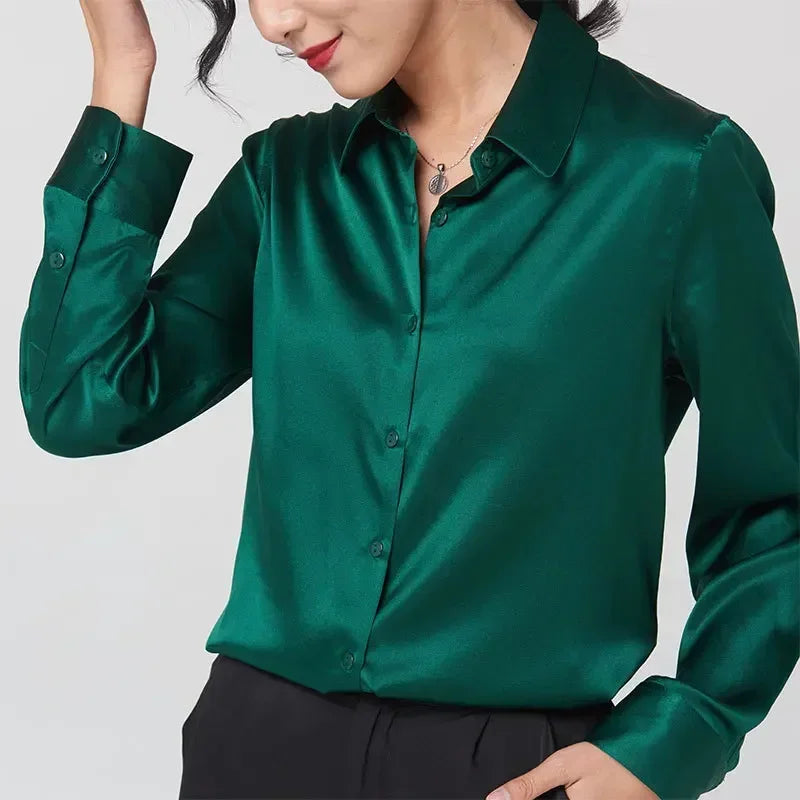 SFELIKY Women's 19mm Mulberry Silk Blouse – Long Sleeve V-Neck Satin Shirt