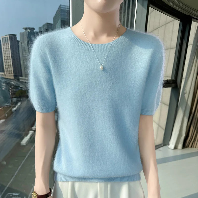 FRSEUCAG Women's 100% Mink Cashmere Short Sleeve Sweater – Elegant O-Neck Knit Pullover