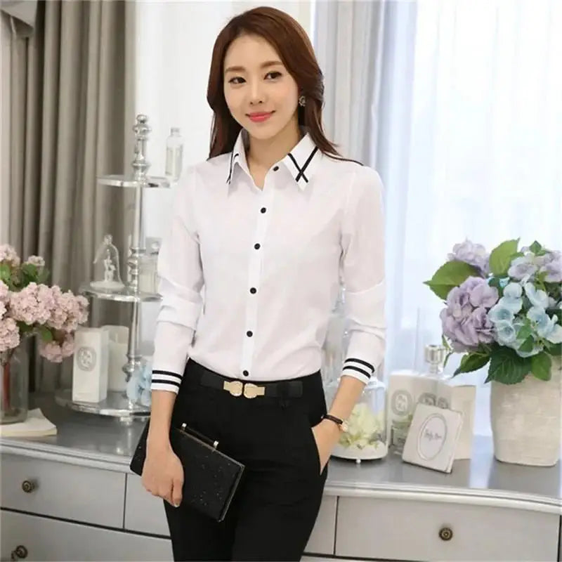 Women's Korean Style Long Sleeve Blouse – Slim Fit Turn-Down Collar Office Shirt