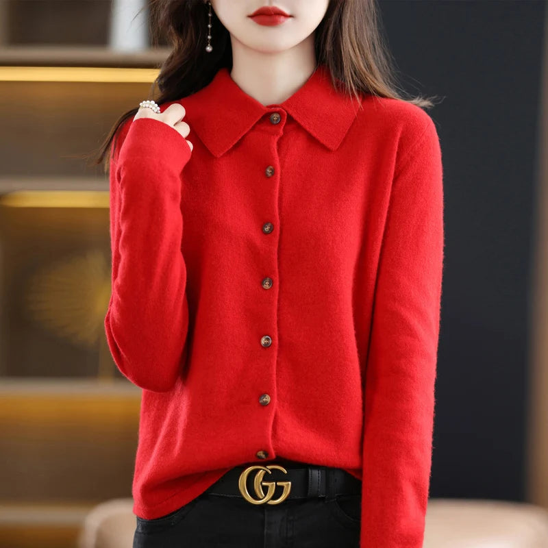Women's Polo Collar Knitted Cardigan – Elegant Single Breasted Wool Blend Sweater