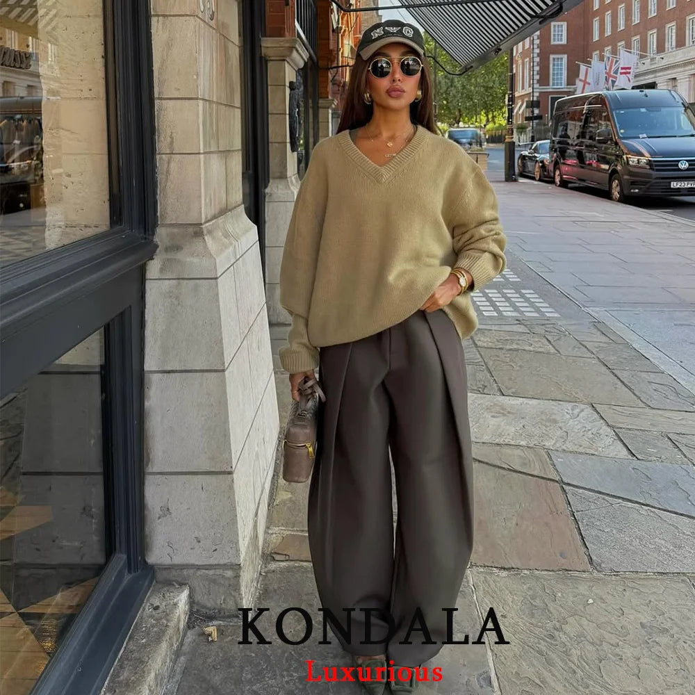 KONDALA Wide Leg Pants for Women – High Waist Pleated Trousers with Pockets