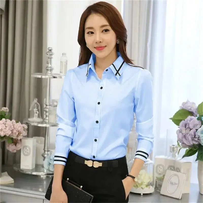 Women's Korean Style Long Sleeve Blouse – Slim Fit Turn-Down Collar Office Shirt