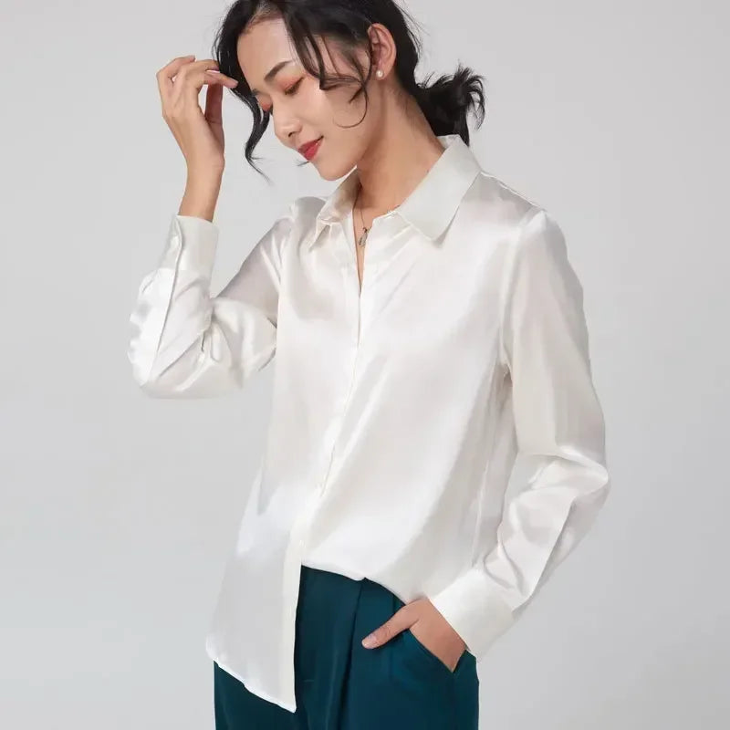 SFELIKY Women's 19mm Mulberry Silk Blouse – Long Sleeve V-Neck Satin Shirt