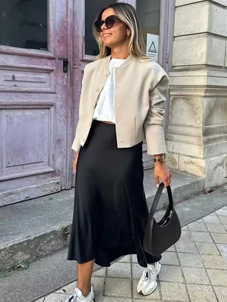 MUJER Women's High Waist Satin Midi Skirt – Elegant Office Bud Skirt