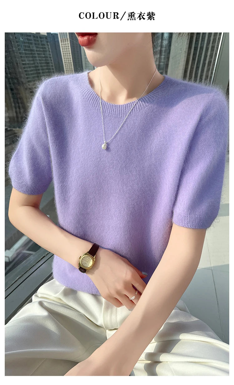 FRSEUCAG Women's 100% Mink Cashmere Short Sleeve Sweater – Elegant O-Neck Knit Pullover