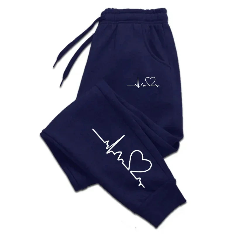 Women's Heart Print Sweatpants – Casual Baggy Lace-Up Jogger Pants with Pockets