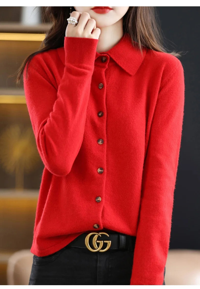 Women's Polo Collar Knitted Cardigan – Elegant Single Breasted Wool Blend Sweater
