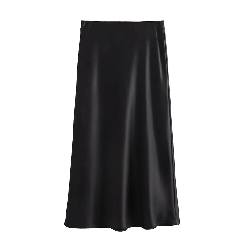 MUJER Women's High Waist Satin Midi Skirt – Elegant Office Bud Skirt