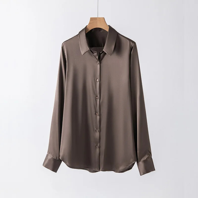 SFELIKY Women's 19mm Mulberry Silk Blouse – Long Sleeve V-Neck Satin Shirt