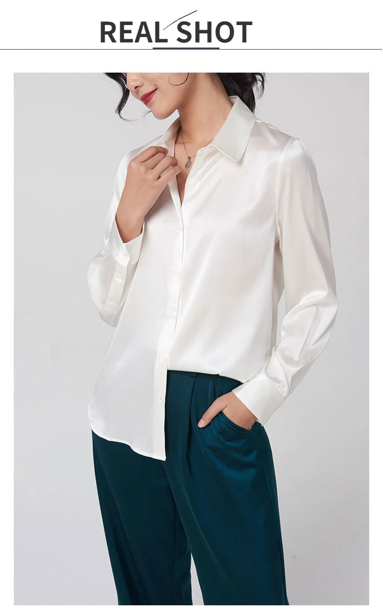 SFELIKY Women's 19mm Mulberry Silk Blouse – Long Sleeve V-Neck Satin Shirt