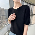 FRSEUCAG Women's 100% Mink Cashmere Short Sleeve Sweater – Elegant O-Neck Knit Pullover