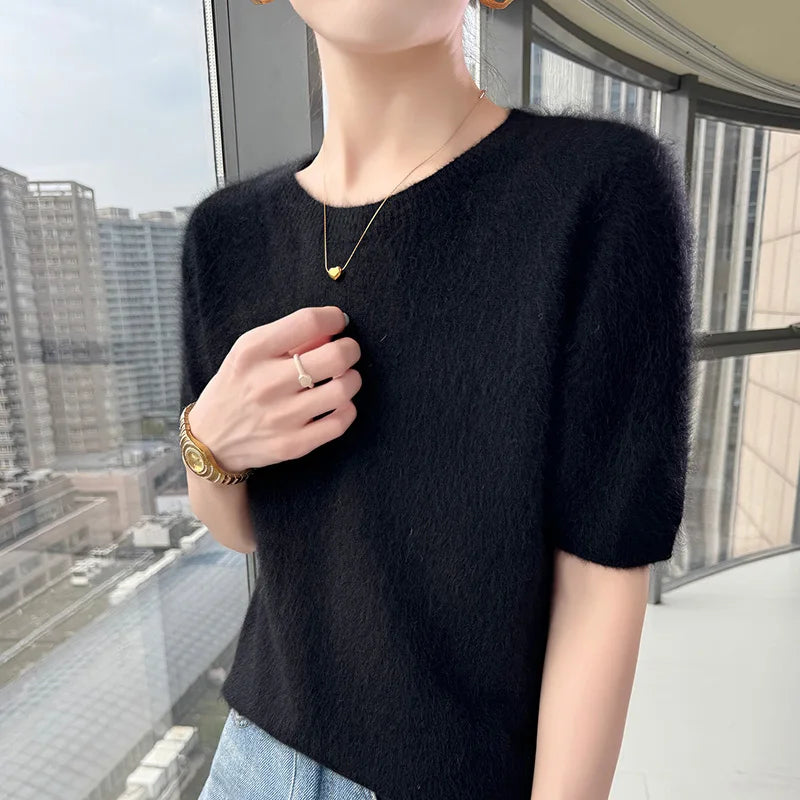 FRSEUCAG Women's 100% Mink Cashmere Short Sleeve Sweater – Elegant O-Neck Knit Pullover