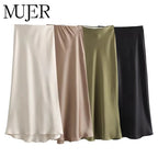 MUJER Women's High Waist Satin Midi Skirt – Elegant Office Bud Skirt