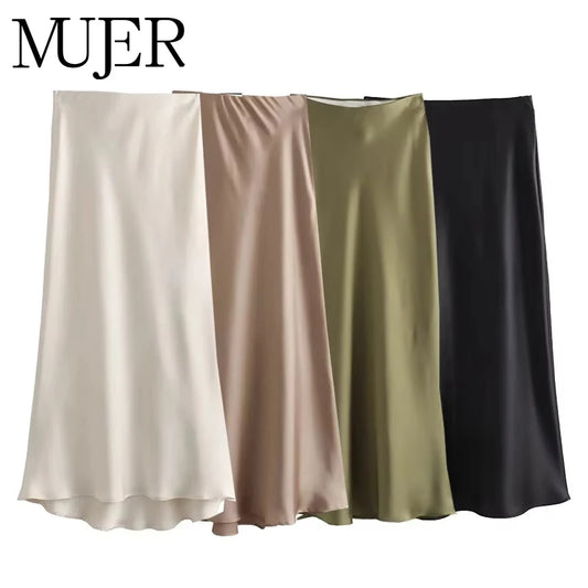 MUJER Women's High Waist Satin Midi Skirt – Elegant Office Bud Skirt
