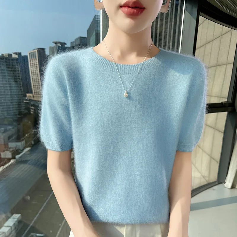 FRSEUCAG Women's 100% Mink Cashmere Short Sleeve Sweater – Elegant O-Neck Knit Pullover