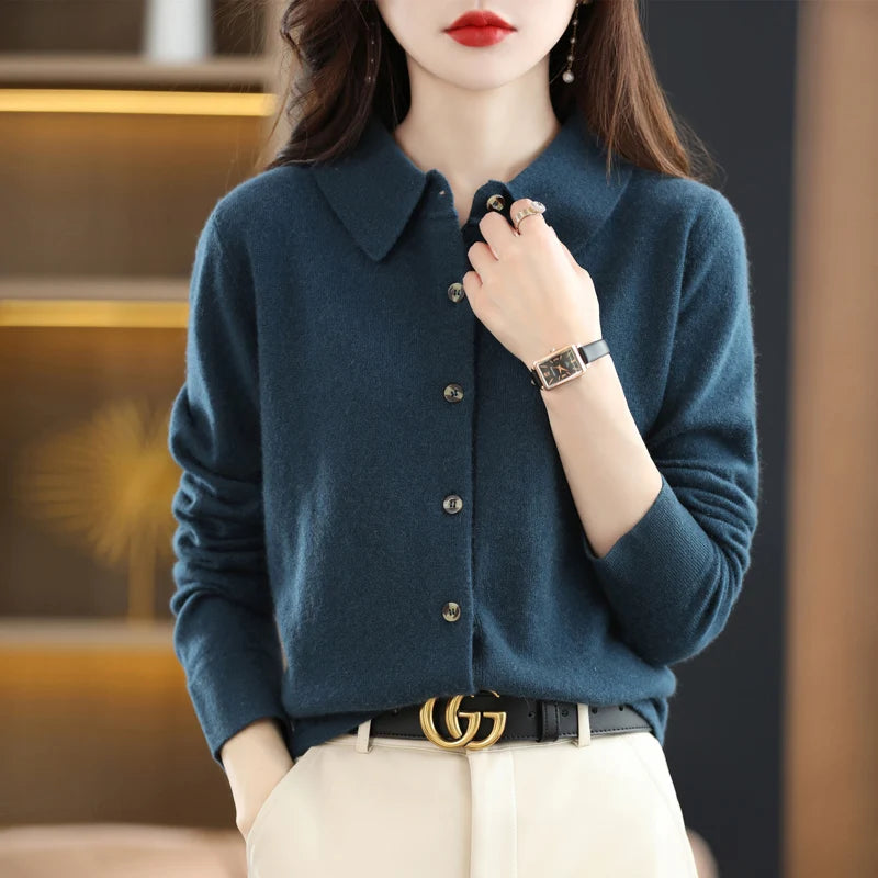Women's Polo Collar Knitted Cardigan – Elegant Single Breasted Wool Blend Sweater