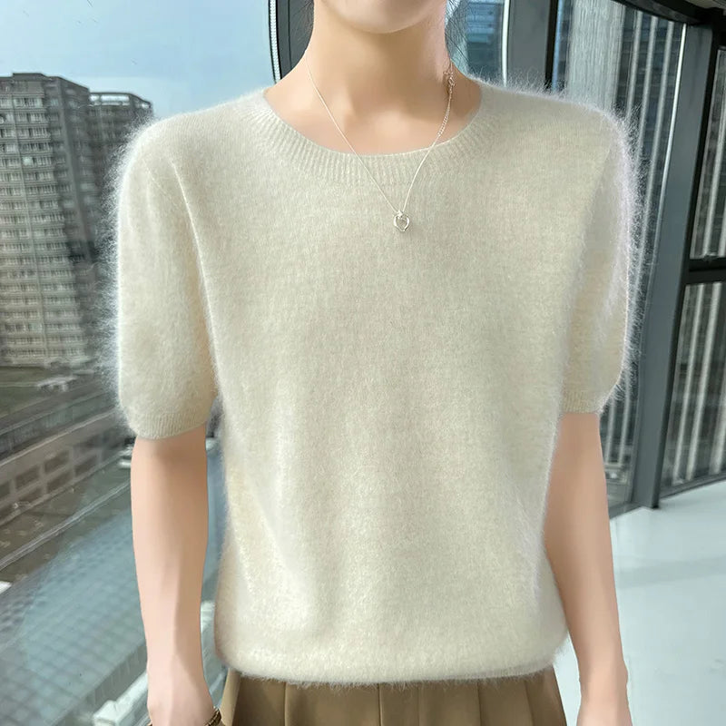 FRSEUCAG Women's 100% Mink Cashmere Short Sleeve Sweater – Elegant O-Neck Knit Pullover