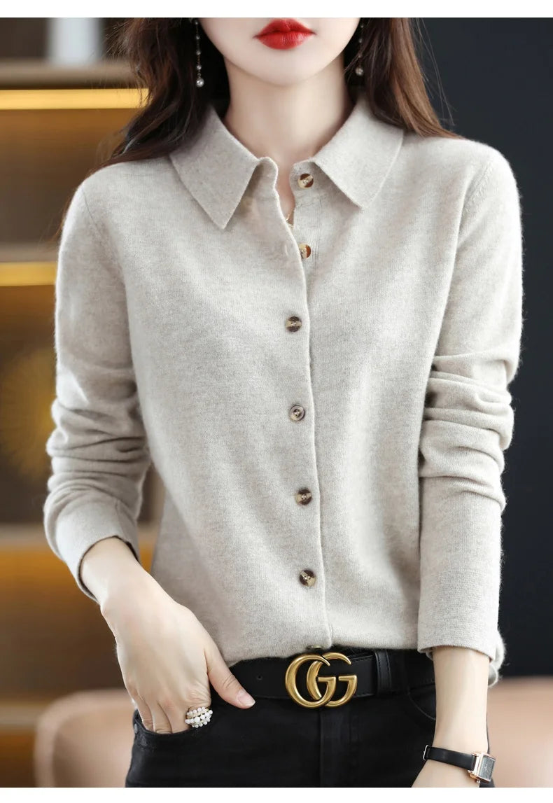Women's Polo Collar Knitted Cardigan – Elegant Single Breasted Wool Blend Sweater