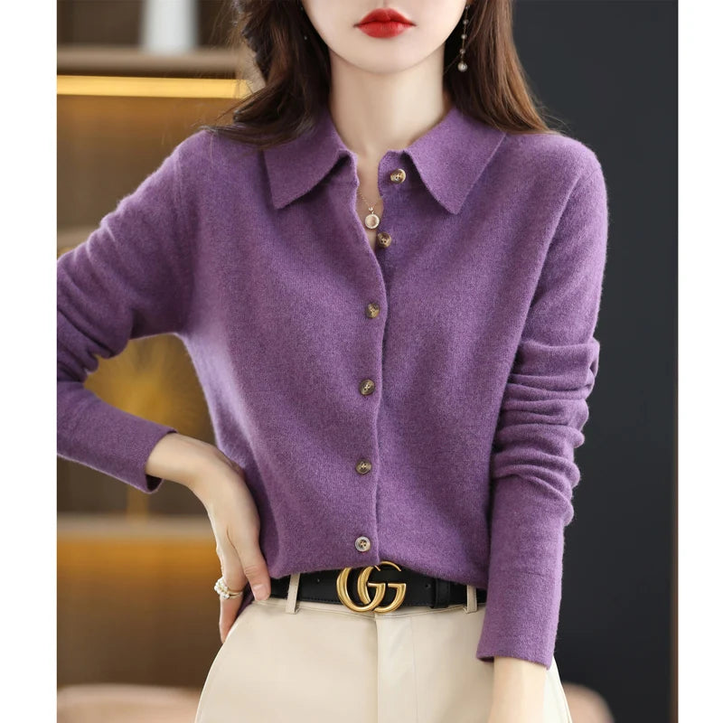 Women's Polo Collar Knitted Cardigan – Elegant Single Breasted Wool Blend Sweater