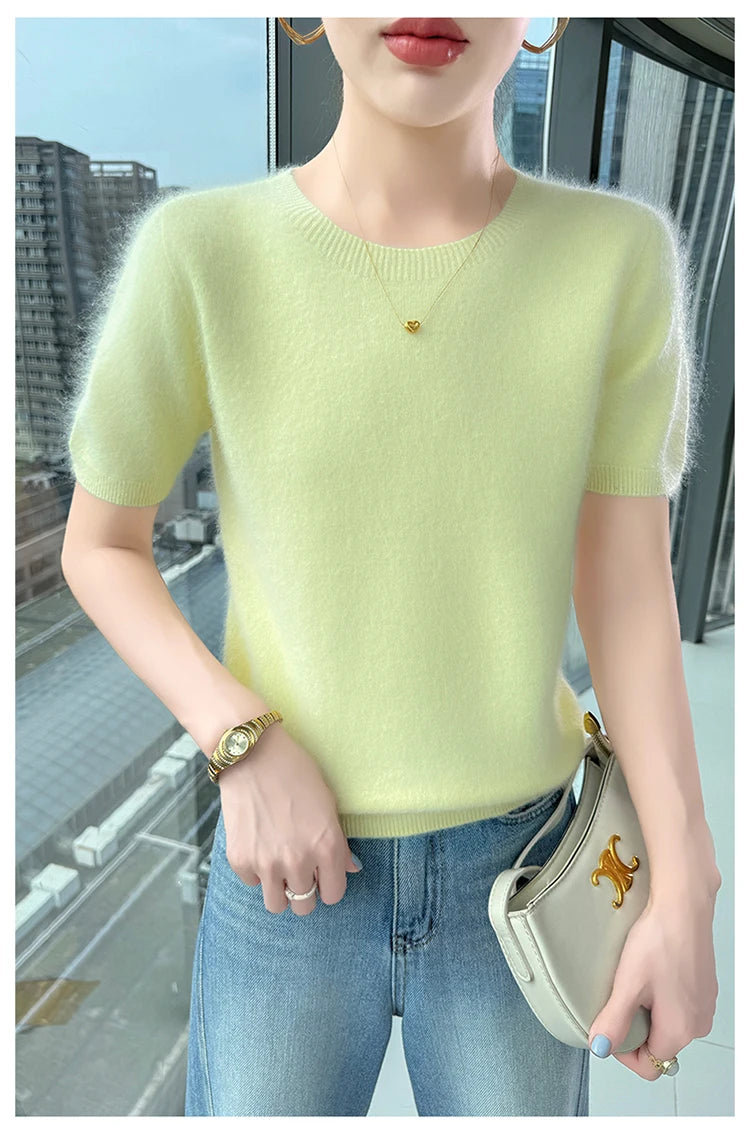 FRSEUCAG Women's 100% Mink Cashmere Short Sleeve Sweater – Elegant O-Neck Knit Pullover