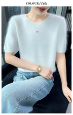 FRSEUCAG Women's 100% Mink Cashmere Short Sleeve Sweater – Elegant O-Neck Knit Pullover