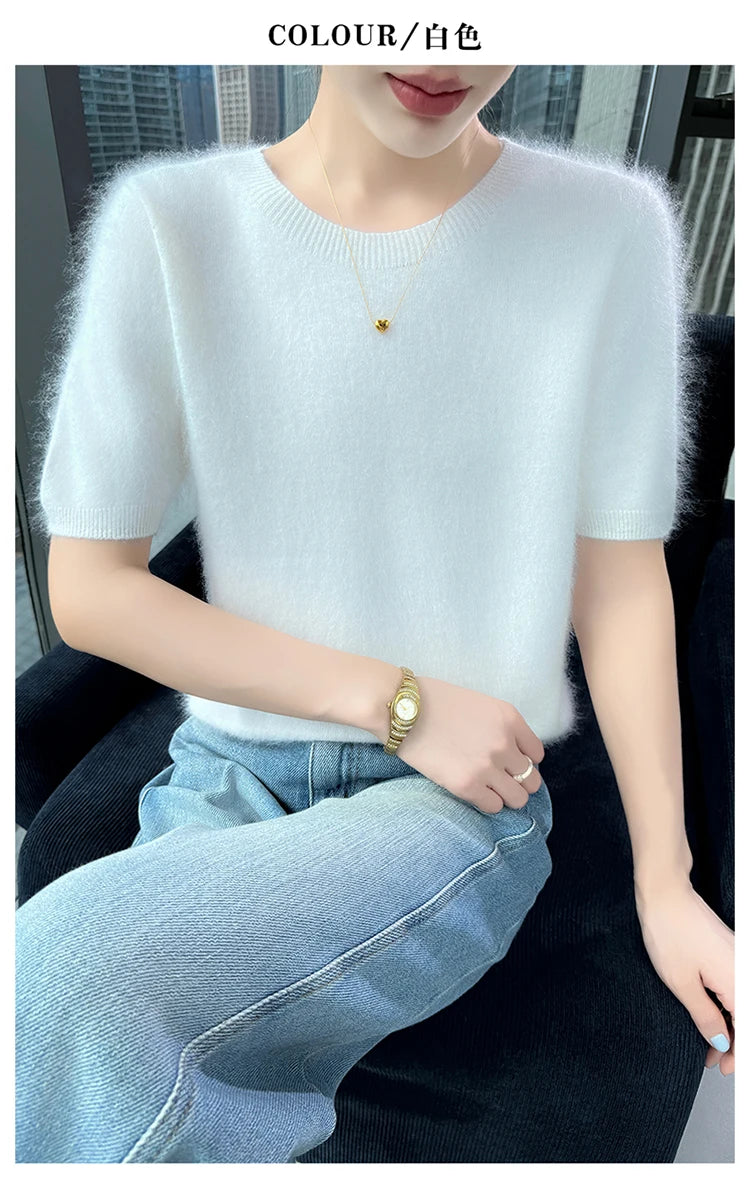 FRSEUCAG Women's 100% Mink Cashmere Short Sleeve Sweater – Elegant O-Neck Knit Pullover