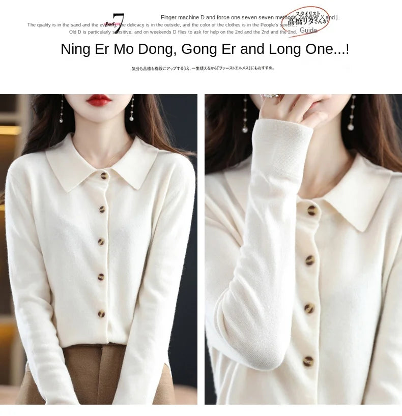 Women's Polo Collar Knitted Cardigan – Elegant Single Breasted Wool Blend Sweater