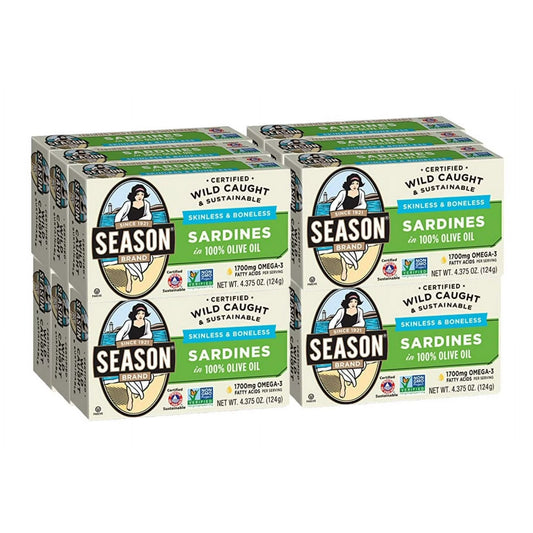 Season Skinless & Boneless Sardines in Oil, 4.375 oz Tins – Pack of 12 | Premium Canned Sardines
