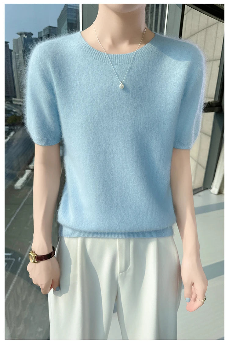 FRSEUCAG Women's 100% Mink Cashmere Short Sleeve Sweater – Elegant O-Neck Knit Pullover